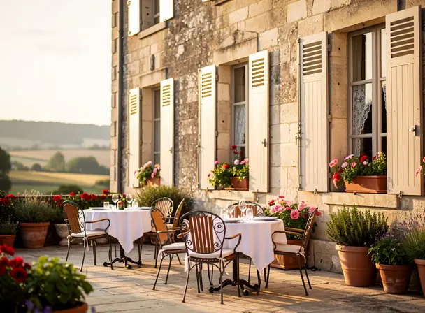 Front view of a charming French château restaurant terrace, stone facade with wooden shutters, neatly arranged bistro tables and chairs, potted herbs and flowers, late afternoon warm sunlight, countryside in the background, realistic photography, high detail, 4:3 composition, refined and welcoming ambiance
