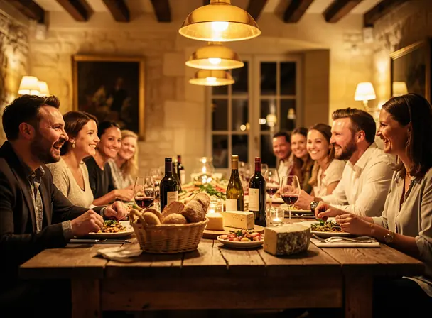 Group of guests enjoying a warm convivial dinner in a French château restaurant, wooden table, shared dishes, wine bottles, soft pendant lights, cozy atmosphere, candid realistic photography, cinematic warmth, high detail, 4:3 composition
