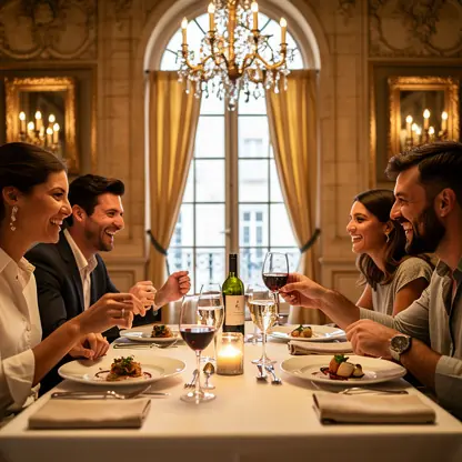Friends enjoying dinner inside an elegant French château restaurant, warm lighting, wine glasses, refined atmosphere, candid realistic photography, high detail, 4:3 composition
