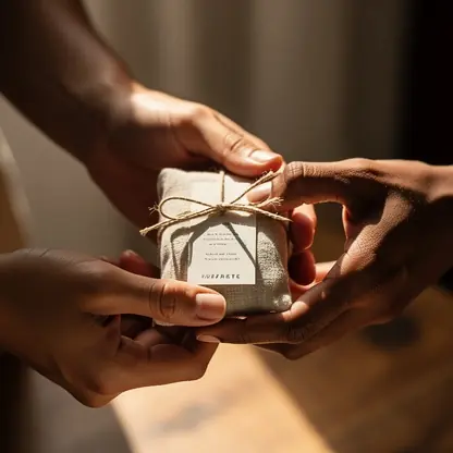Close-up of hands exchanging a small artisanal product, warm natural light, symbolic gesture of partnership, elegant and authentic atmosphere, realistic photography, high detail, 4:3 composition
