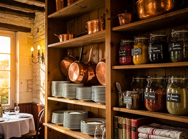 Rustic kitchen shelves inside a French château restaurant, neatly stacked white plates, copper pots, jars with ingredients, warm ambient lighting, authentic gastronomic atmosphere, realistic photography, high detail, 4:3 composition
