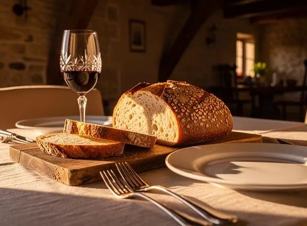 Artisanal French bread on a wooden board, elegant fine dining table setting, wine glass and plates nearby, warm sunset light, rustic château atmosphere, high detail, realistic photography, 4:3 composition

