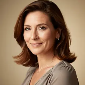 Portrait of a refined French woman in her mid 40s, soft smile, natural light, neutral beige background, realistic photography, professional headshot, warm and authentic mood
