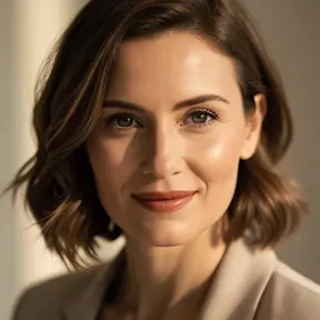 Portrait of an elegant French woman in her late 30s, natural makeup, soft brown hair, neutral background, warm natural light, realistic photography, shallow depth of field, professional headshot style
