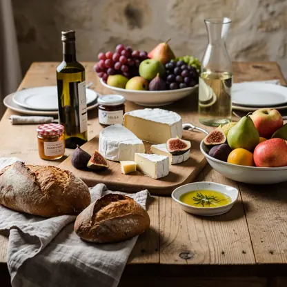 French gastronomic table with artisanal bread, cheese, olive oil, fresh fruits and local products, elegant rustic setting, natural light, refined presentation, realistic photography, high detail, 4:3 composition
