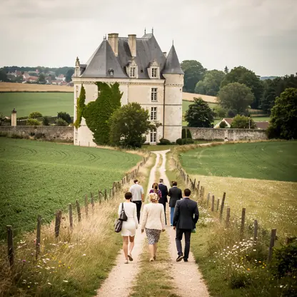 Group of people walking through French countryside near a historic château, green fields, authentic rural landscape, soft daylight, natural and elegant atmosphere, realistic photography, high detail, 4:3 composition

