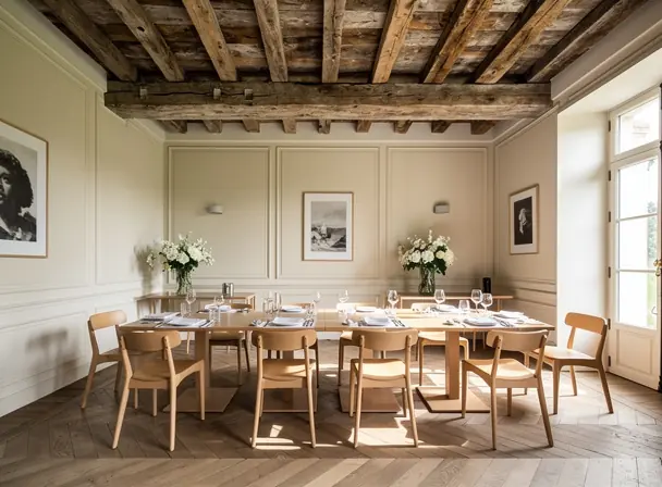 Bright and elegant dining room inside a French château restaurant, wooden beams ceiling, light wooden tables and chairs, minimalist refined decor, natural daylight through large windows, realistic photography, high detail, 4:3 composition
