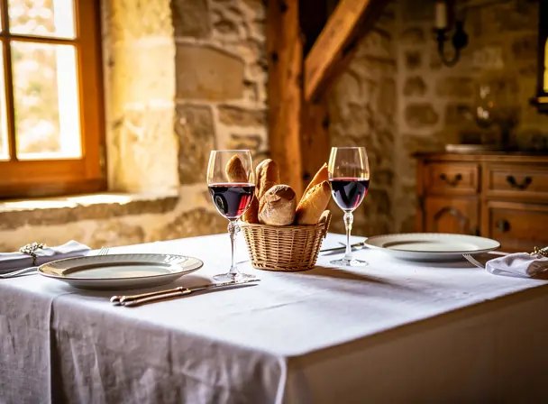 Refined French fine dining table set for two in a rustic stone château room, white tablecloth, elegant plates, bread basket, wine glasses, soft natural window light, warm tones, realistic photography, shallow depth of field, high detail, 3:2 composition
