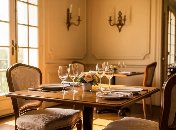 Small wooden table set for two inside an elegant French château restaurant, soft natural window light, minimalist refined decor, warm tones, realistic photography, intimate atmosphere, high detail, 4:3 composition
