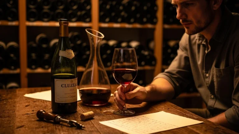 Dégustation de vin Cluzeau 2014 oubliée de respirer, ambiance cave à vin chaleureuse et élégante