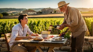 Jeune homme découvre le charme des vins des Côtes de Bourg lors d’un déjeuner chez un producteur