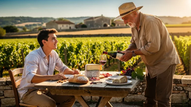 Jeune homme découvre le charme des vins des Côtes de Bourg lors d’un déjeuner chez un producteur