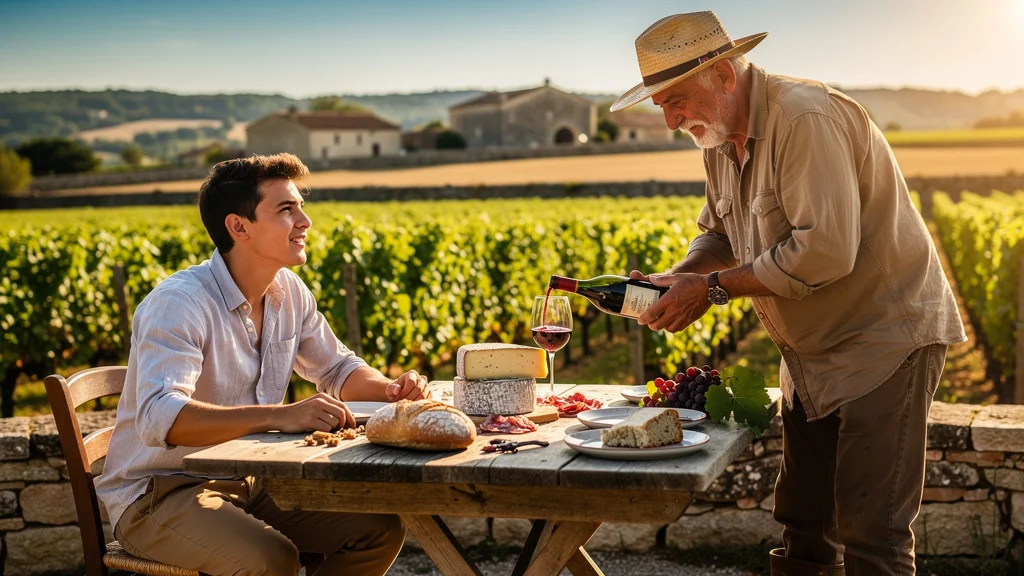 Jeune homme découvre le charme des vins des Côtes de Bourg lors d’un déjeuner chez un producteur