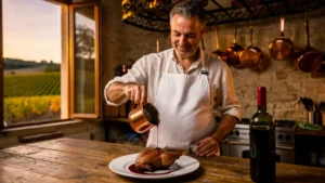 Chef à Cahors préparant un confit avec un vin Cahors jeune, révélant la douceur des tanins
