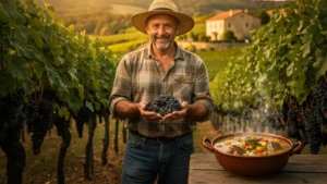 Vigneron à Madiran proposant des grappes de tannat près d'une garbure traditionnelle fumante