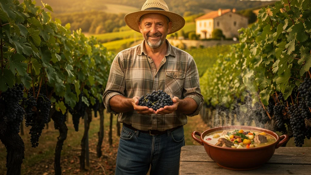 Vigneron à Madiran proposant des grappes de tannat près d'une garbure traditionnelle fumante