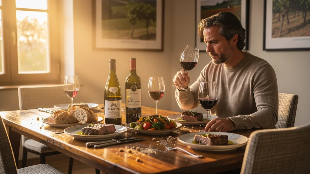 Dîner du dimanche avec Bergerac rouge artisanal et Côtes de Bordeaux dans une ambiance chaleureuse et rustique