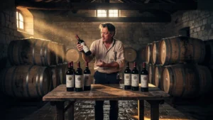 Matin dans un chai de Fronsac avec découverte des étiquettes bordelaises détaillées sur bouteilles de vin