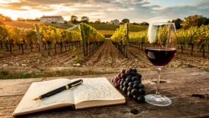 Paysage de vignoble du Médoc sans crus classés avec verre de vin et notes de dégustation, rapport qualité-prix