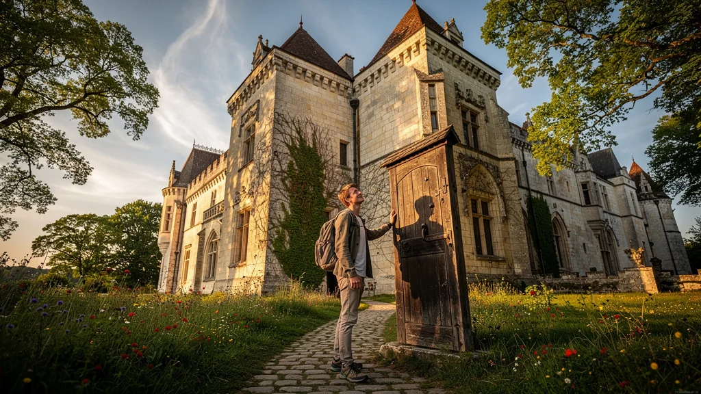 Vue hyper-réaliste du Château Cluzeau avec visiteur découvrant le refend, moment clé d’une visite débutant