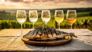 Cinq vins blancs d'Entre-deux-Mers à trois températures avec un bar grillé d'été sur une table estivale