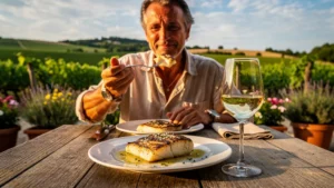 Grilled monkfish with white wine Entre-deux-Mers et Pessac-Léognan en terrasse ensoleillée