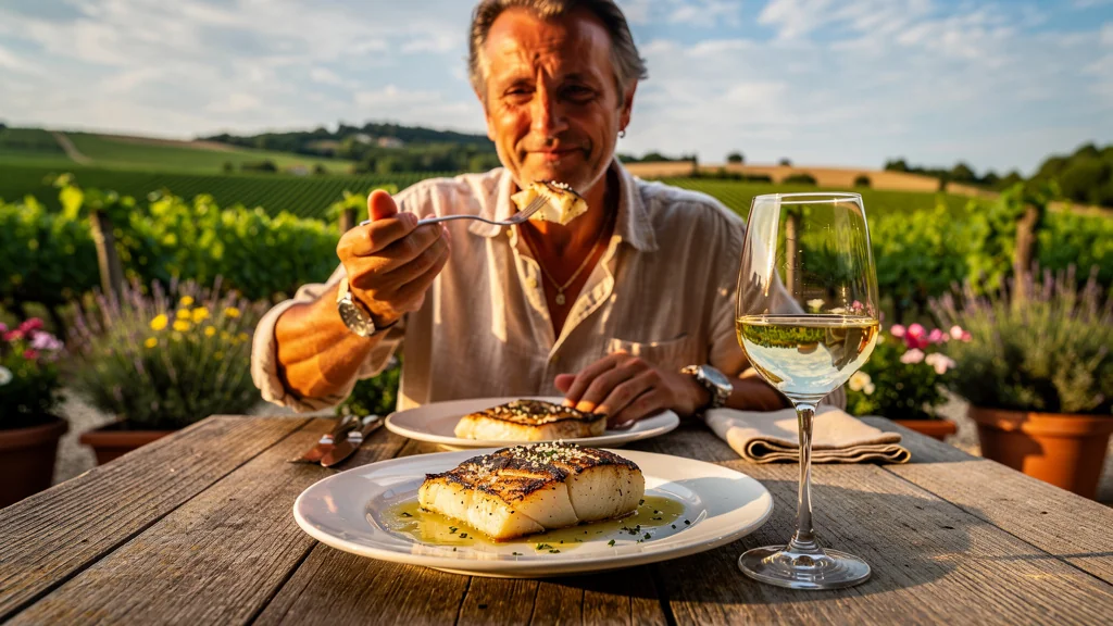 Grilled monkfish with white wine Entre-deux-Mers et Pessac-Léognan en terrasse ensoleillée