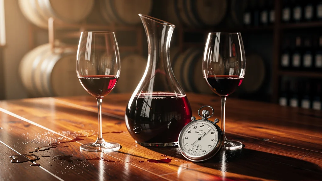 Décanter Margaux 2015 avec chronomètre illustrant tenue du vin en carafe pendant 2 puis 4 heures