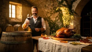 Sommelier à Saint-Émilion corrigeant l'accord entre Bordeaux rouge et canard dans une cave rustique