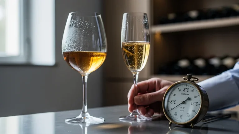 Évolution d’un Sauternes jeune en verre tulipe et flûte à 8°C et 12°C après 30 minutes