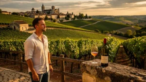 Visiteur pensif dans un vignoble de Saint-Émilion au coucher du soleil contemplant les paysages viticoles