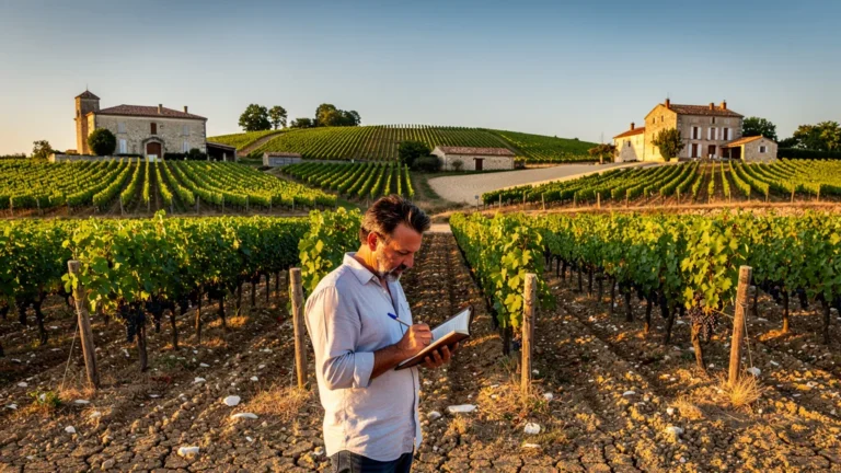 Photographie réaliste d’un dégustateur prenant des notes dans cinq domaines viticoles de Fronsac en trois jours