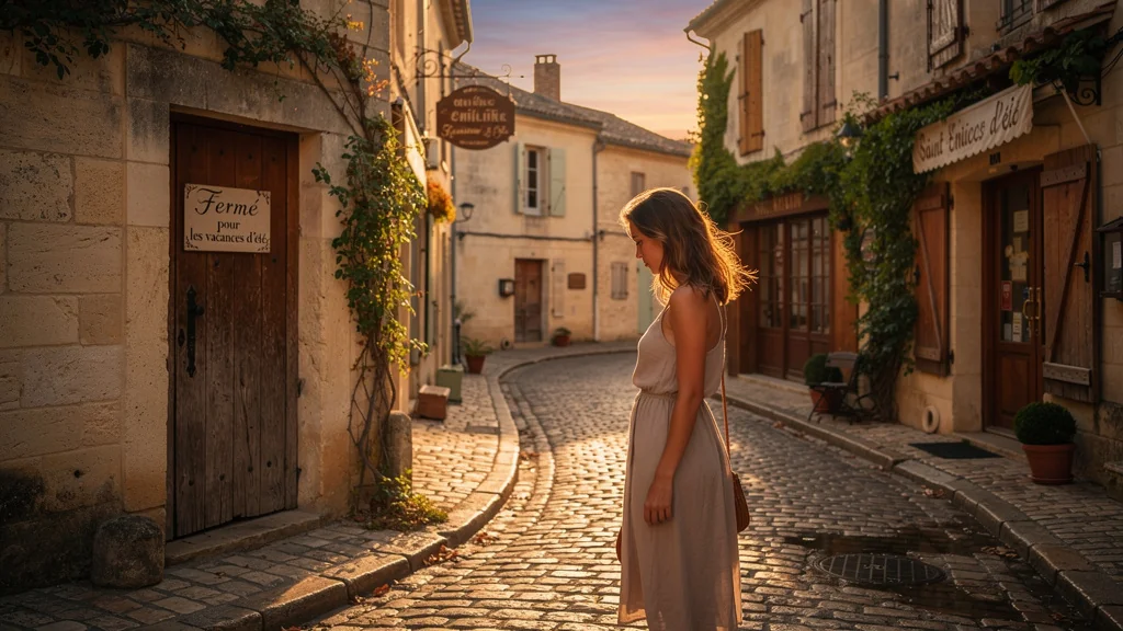 Photorealistic Saint-Émilion village street in August with closed door, empty and sunlit, capturing missed visit due to summer closure