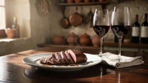 Saint-Émilion Grand Cru dégusté à 16°C et 18°C avec magret de canard, rosé puis bien cuit, scène gourmande française