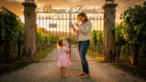 Fermeture du domaine de Lalande empêchant une mère de conduire sa fille, scène réaliste en lumière dorée