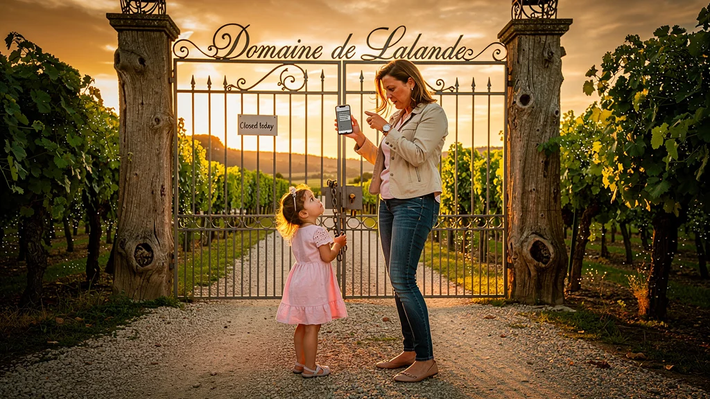 Fermeture du domaine de Lalande empêchant une mère de conduire sa fille, scène réaliste en lumière dorée