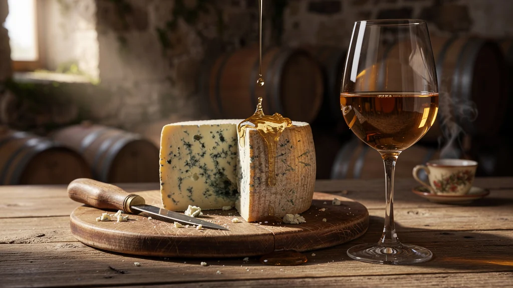 Sauternes versé sur fromage bleu corsé qui s’écrase, illustration réaliste et détaillée