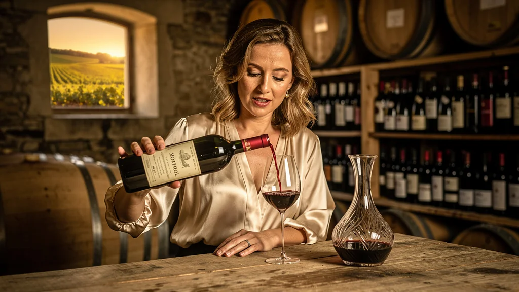 Femme découvrant un Pomerol 2001 sans carafage dans une cave française élégante et lumineuse