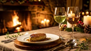 Foie gras poêlé accompagné de Jurançon sec et Pacherenc sec pour Noël, ambiance festive élégante