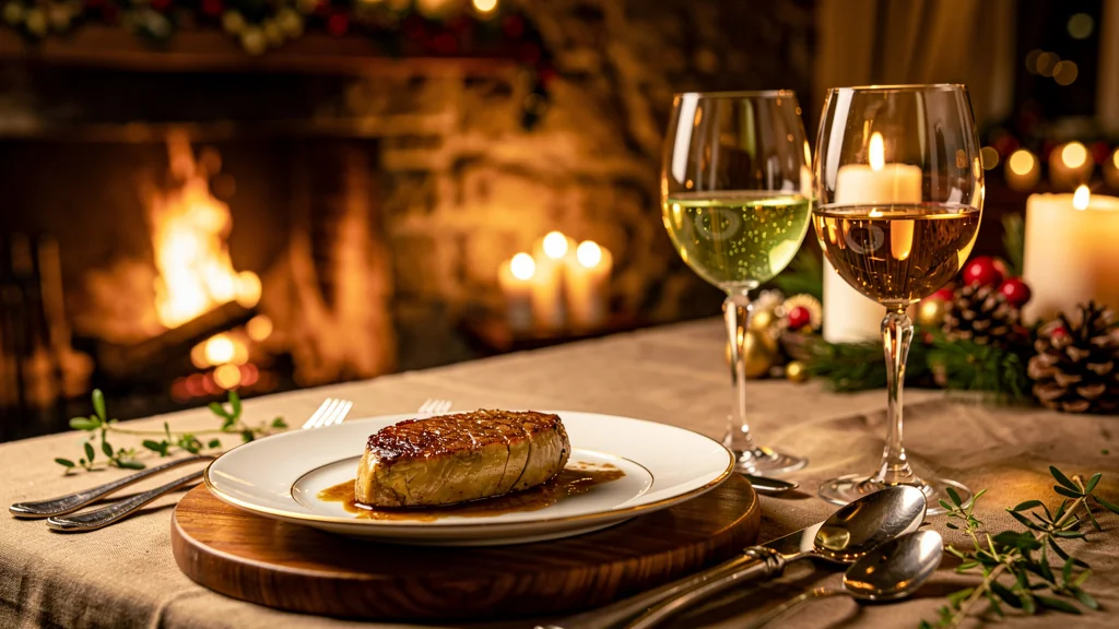 Foie gras poêlé accompagné de Jurançon sec et Pacherenc sec pour Noël, ambiance festive élégante