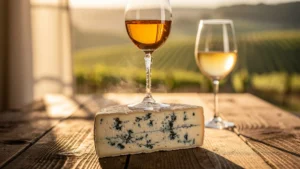 Liquoreux de Cadillac et Sainte-Croix-du-Mont accompagnant un fromage bleu crémeux en gros plan