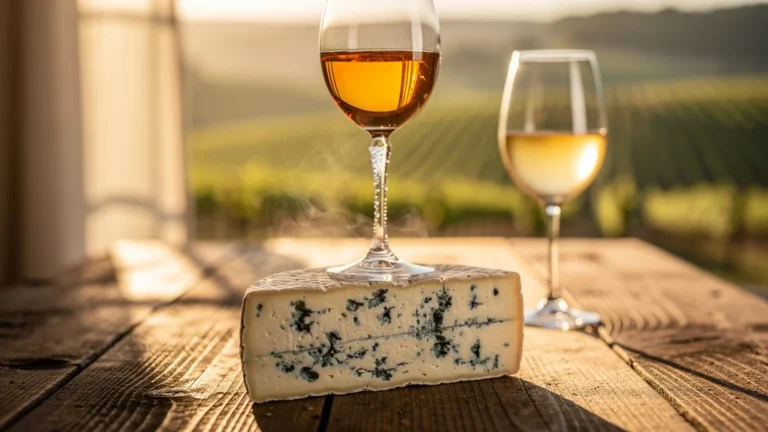 Liquoreux de Cadillac et Sainte-Croix-du-Mont accompagnant un fromage bleu crémeux en gros plan