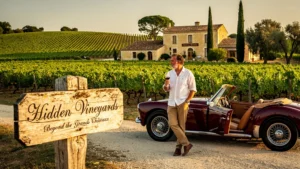 Paysage hyper-réaliste du Médoc au-delà des cinq crus classés avec vignoble, voiture vintage et dégustation de vin