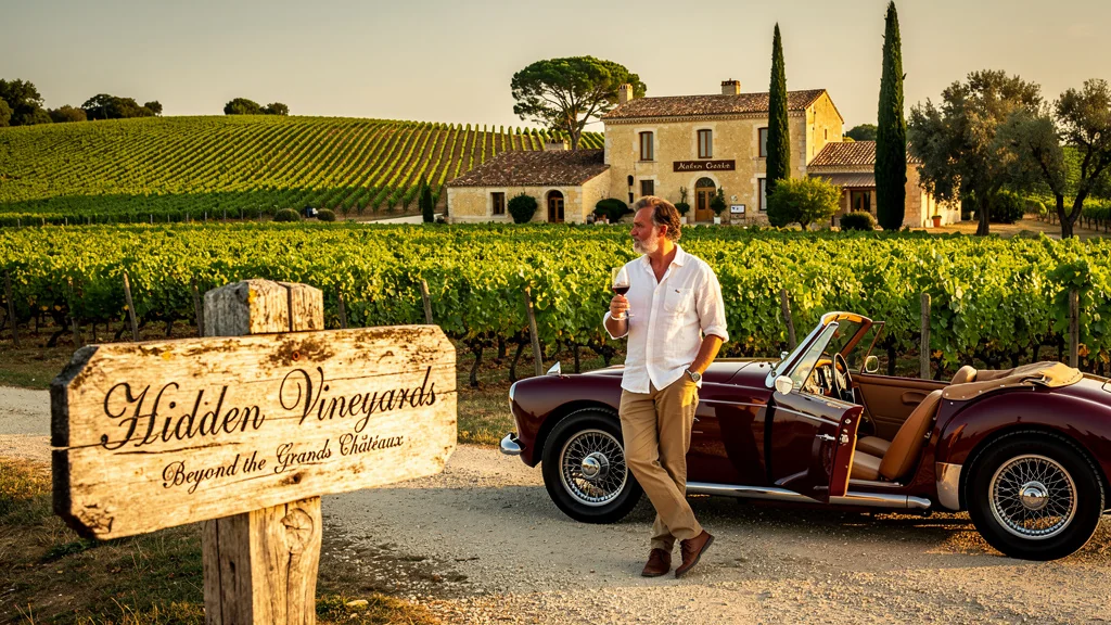 Paysage hyper-réaliste du Médoc au-delà des cinq crus classés avec vignoble, voiture vintage et dégustation de vin