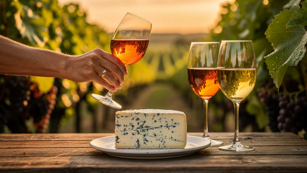 Dégustation hyper-réaliste de Loupiac et Sainte-Croix-du-Mont avec roquefort en plein vignoble au coucher du soleil