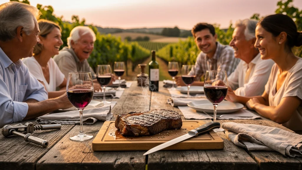 Côte de bœuf en famille avec choix tranché entre Margaux et Saint-Estèphe au verre