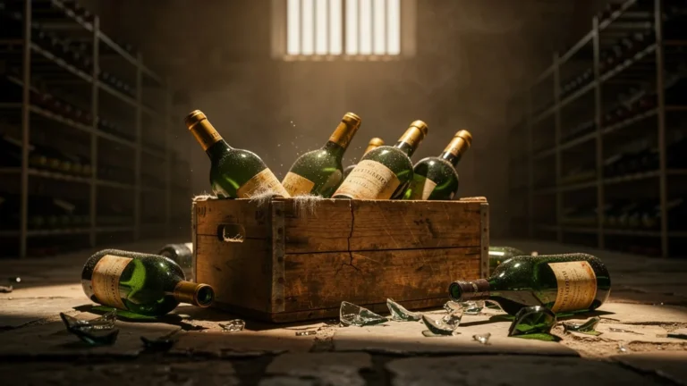 Bouteilles de vin mal stockées à 20°C, moitié d’une caisse perdue avec bouteilles cassées et crate en bois