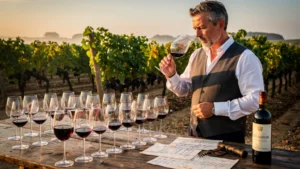 Dégustation raffinée des vins Côtes de Castillon avec sommelier et vingt verres sur table en bois rustique