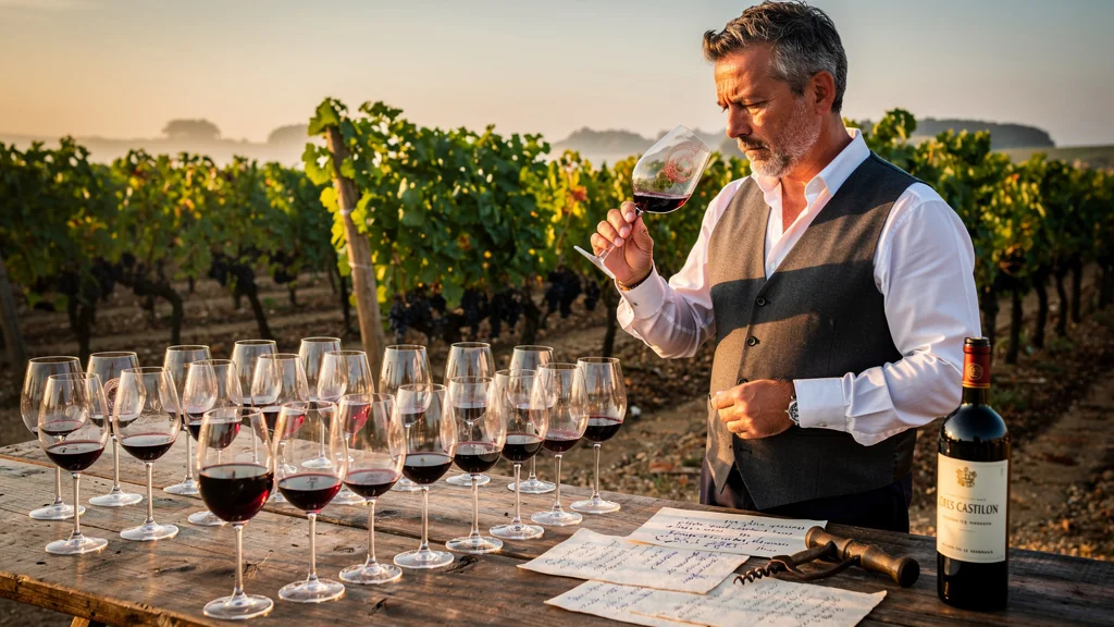 Dégustation raffinée des vins Côtes de Castillon avec sommelier et vingt verres sur table en bois rustique