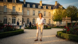 Femme réfléchie dans la cour d’un château bordelais au coucher du soleil, avis après 40 visites